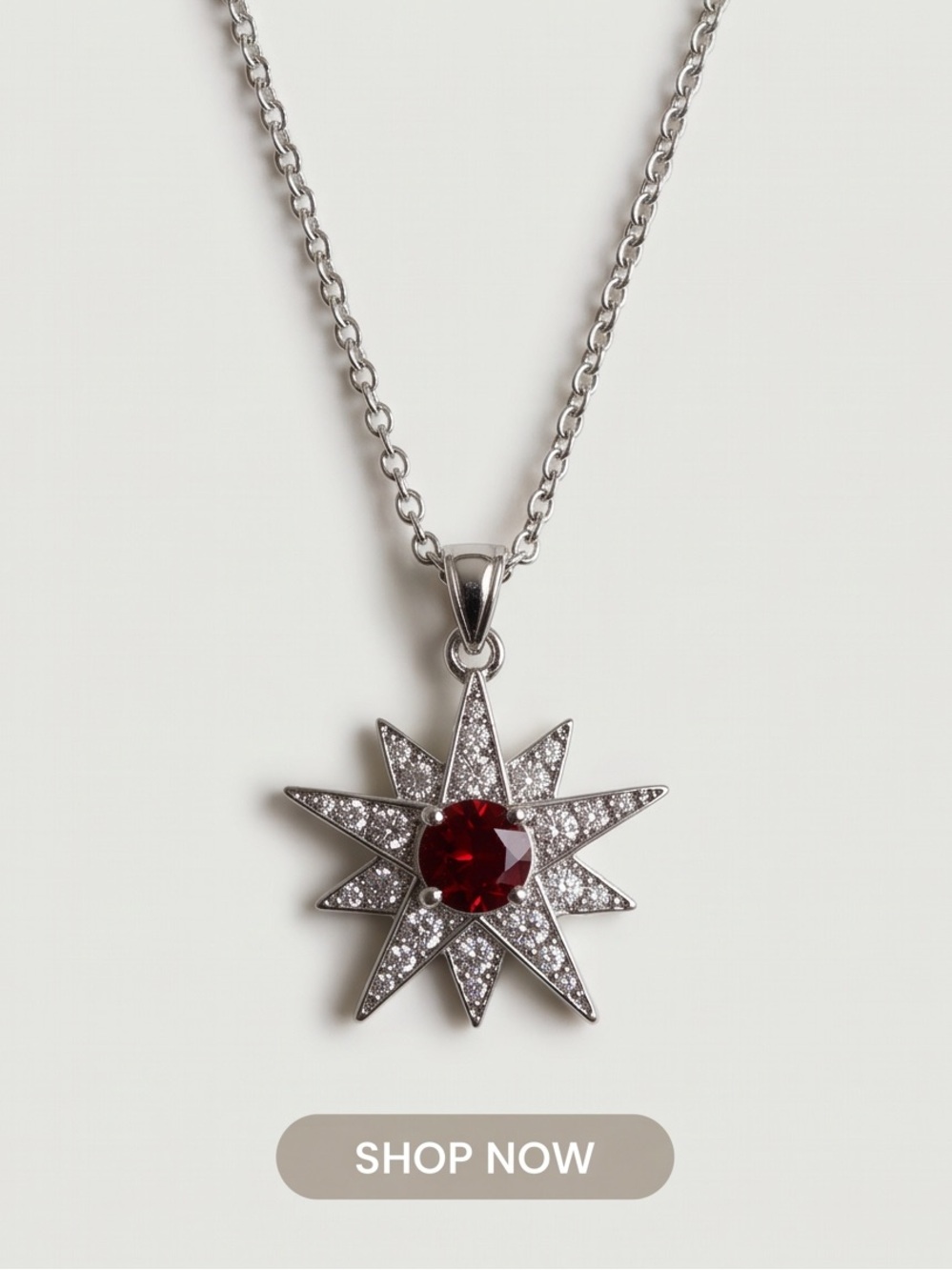 18K White Gold Plated Starburst Necklace w/ Red Crystal